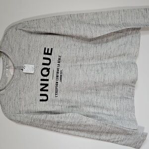 Mango Sweatshirt LG NWT Unique Graphic Spellout French Grey Cozy